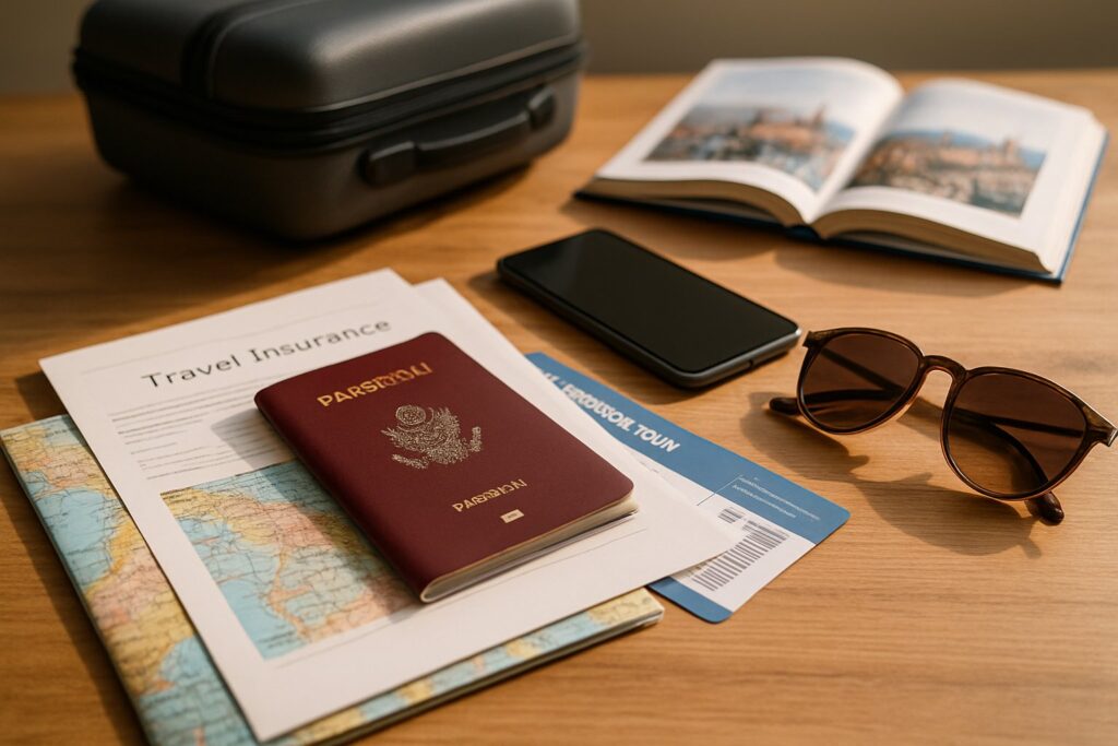 Mesa com documentos de viagem, passaporte, mapa da Europa, celular, óculos de sol e mala ao fundo.